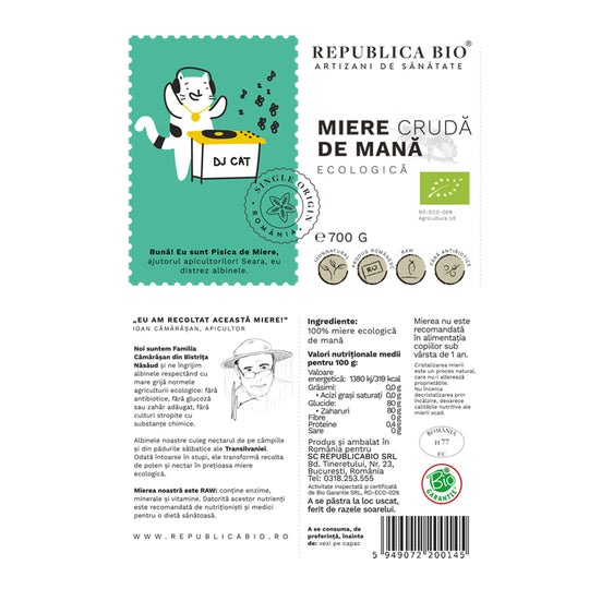 Miere de Mana ecologica cruda Republica BIO, 700 g